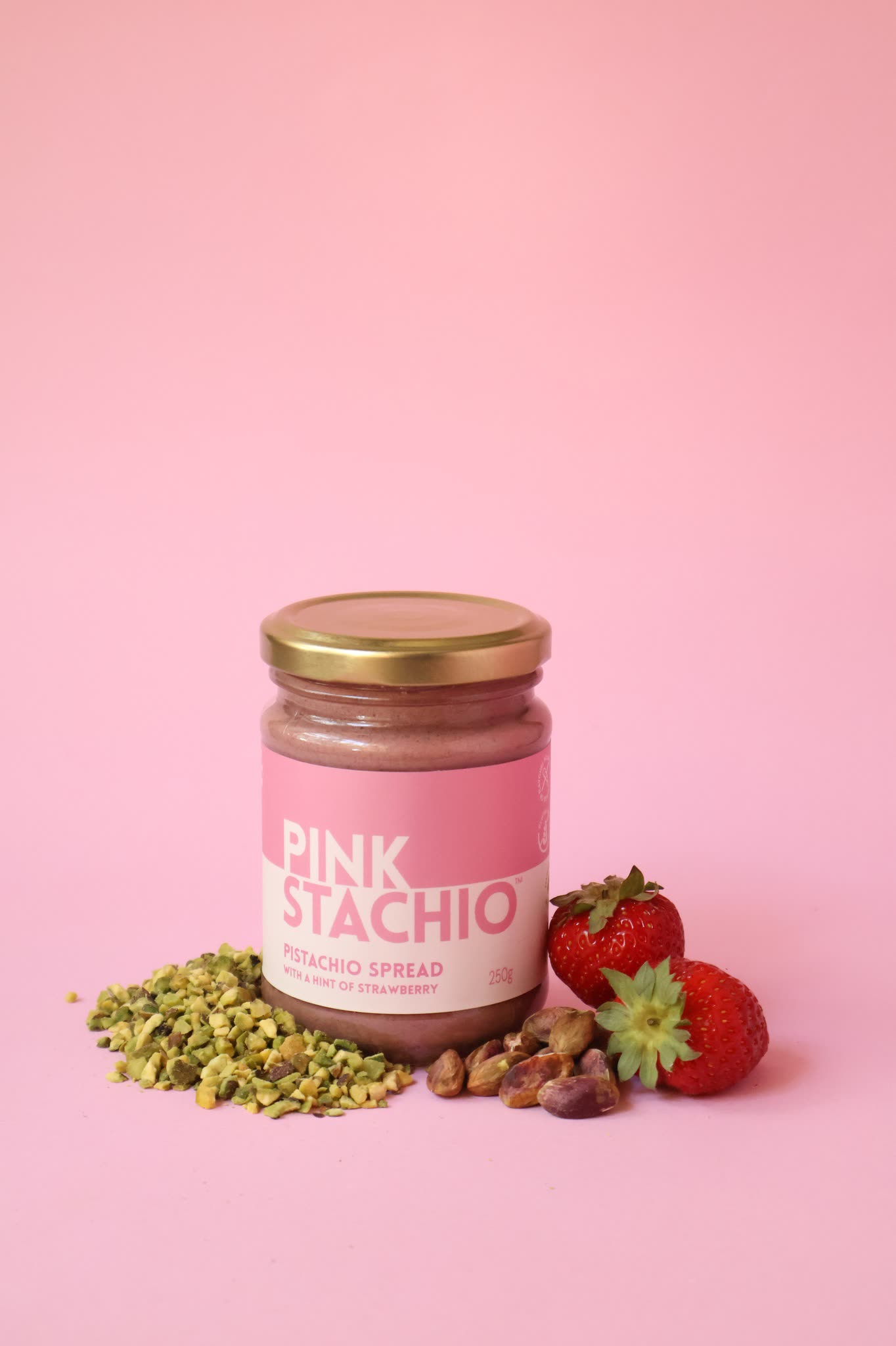 Pink Stachio spread jar with pistachios and strawberries